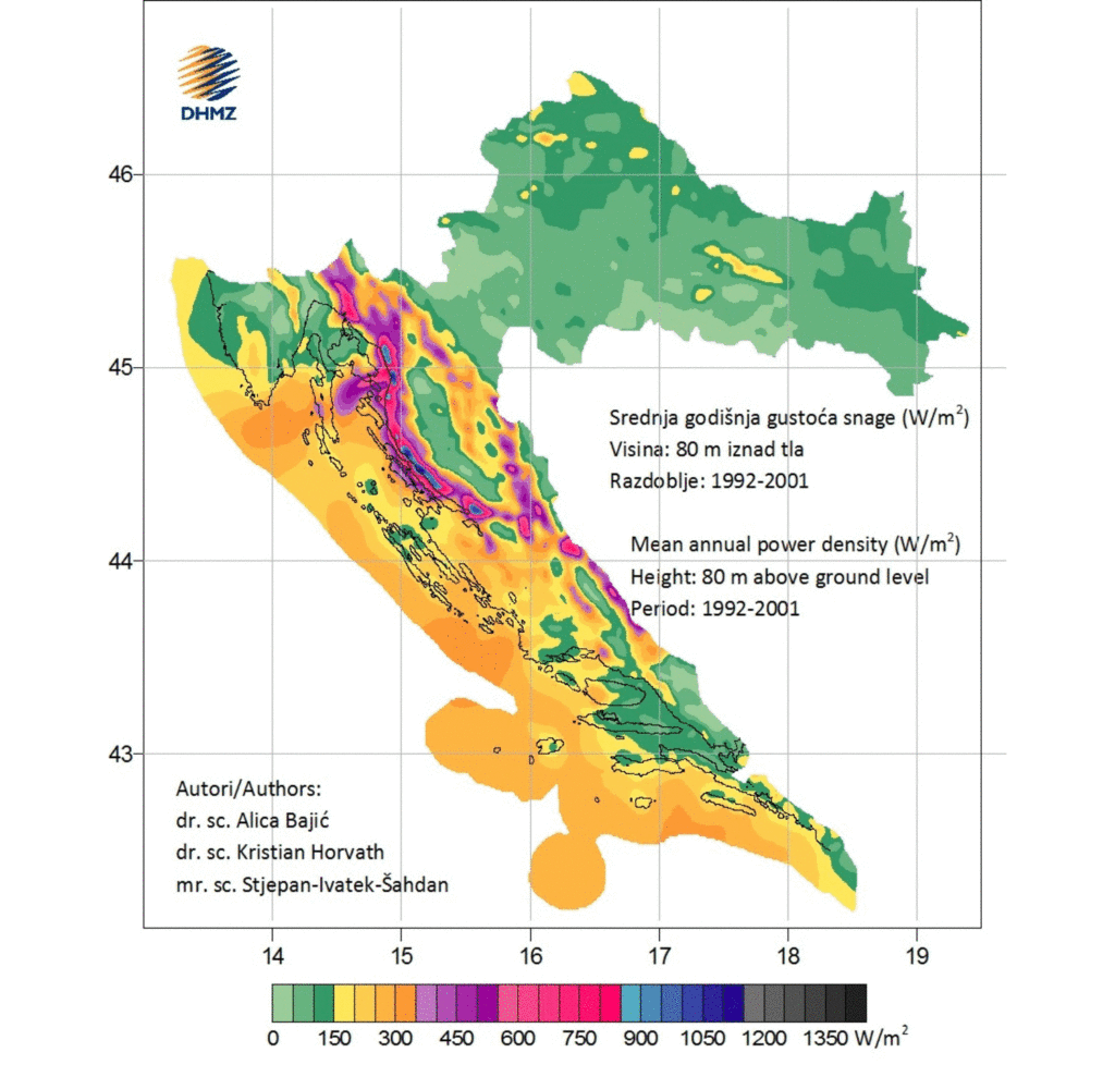 Figure 4. Mean annual power density (W/m2) 80 m above ground level for Croatia, showing potential opportunities for development of wind farms using 1992 -2001 historical data. Source: DHMZ