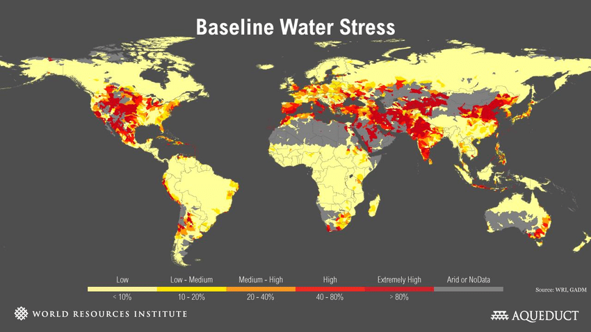 Figure 2. Current global water stress, showing areas with high and extremely high stress outside of historical arid regions. Source: WRI -Water Risk Atlas