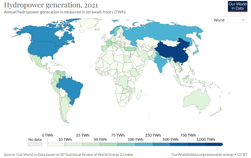 Figure 1. Global hydropower generation for 2021. Source: Our World in data, based on BP Statistical Review of World Energy and Ember
